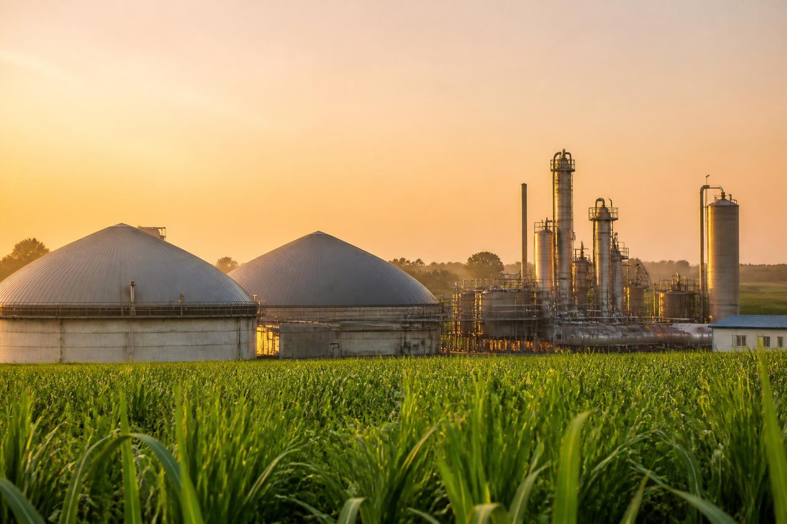 Uoorja Greenfields compressed bio gas plant beside Napier grass fields at sunrise